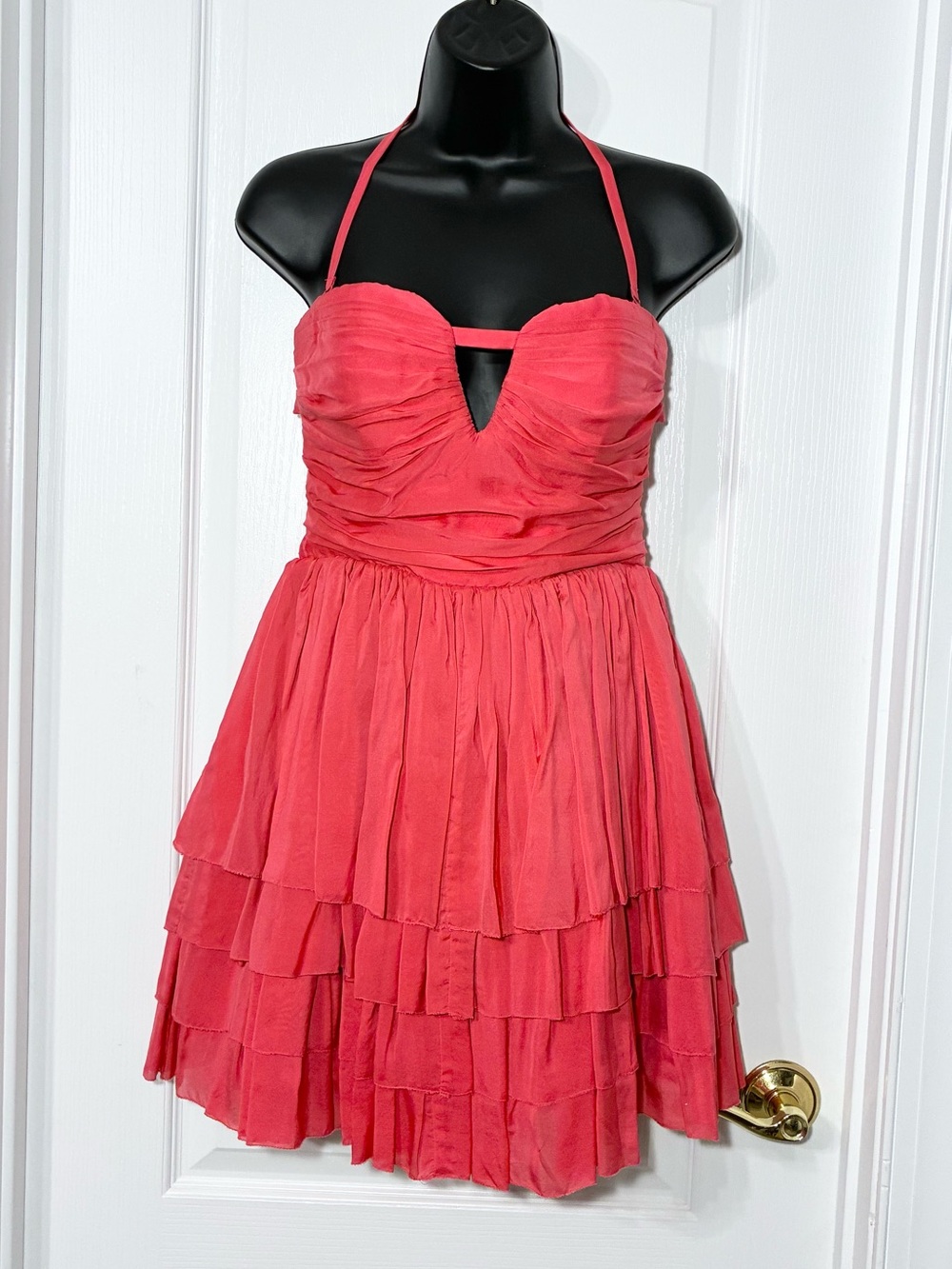 Y2K VTG Bebe SILK Tulle Open Back Tiered Halter / Strapless Mini Dress Coral S
